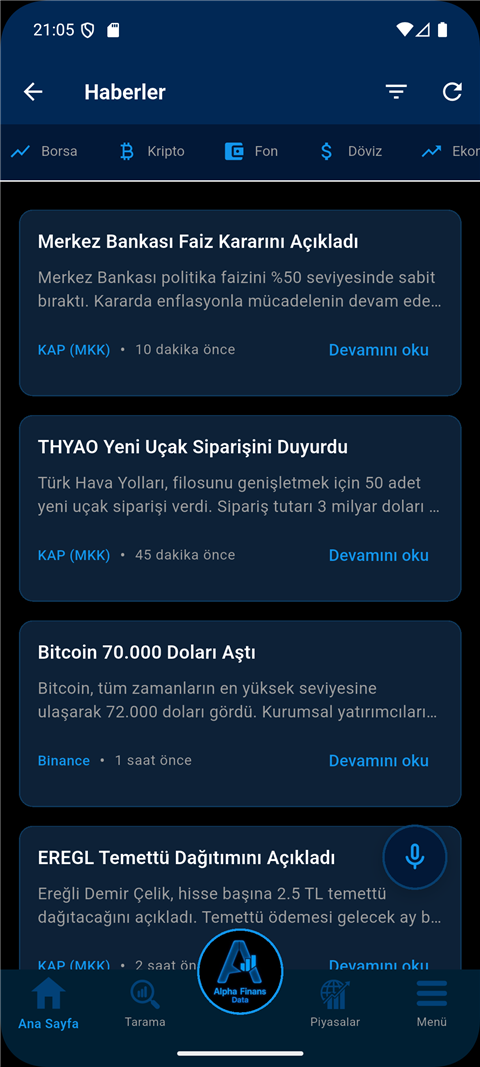 News feed with KAP announcements and crypto headlines with AI summaries