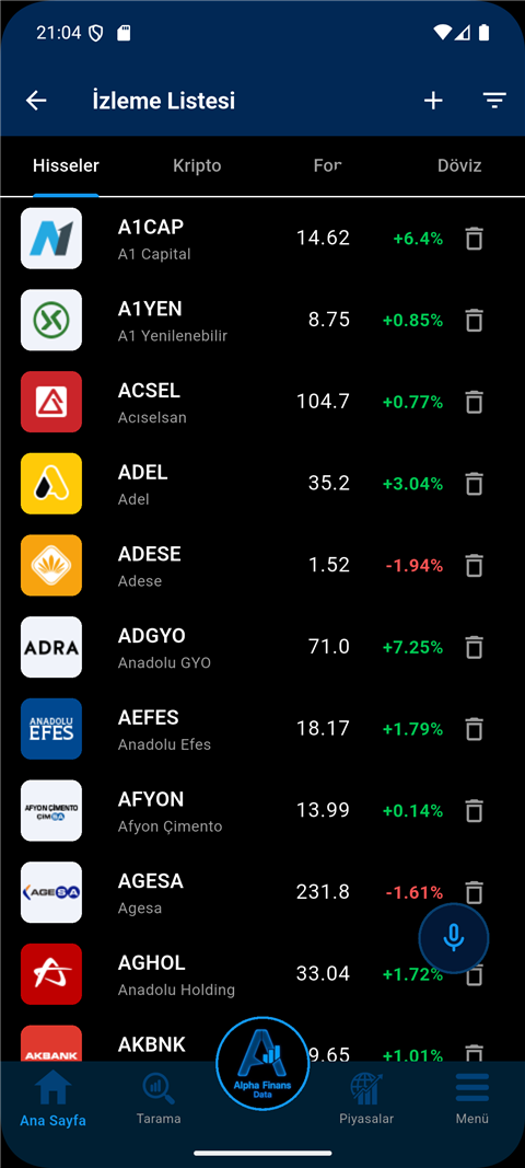 Watchlist screen listing BIST stocks with live prices and daily change